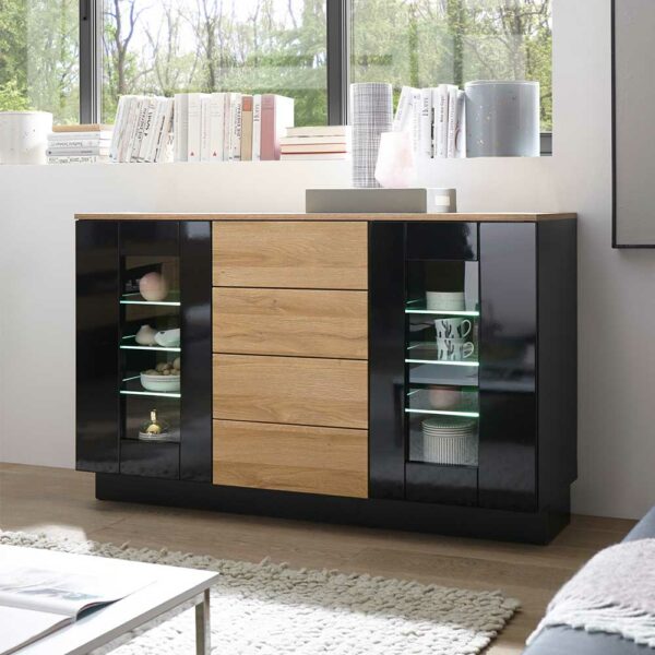 Brandolf Sideboard Vitrine in Schwarz Hochglanz und Wildeiche Optik 85 cm hoch