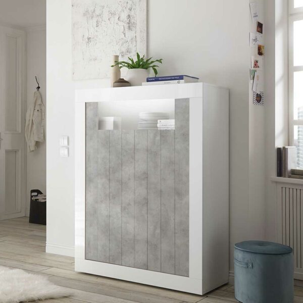 Homedreams Highboard in Weiß Hochglanz und Beton Grau 2-türig