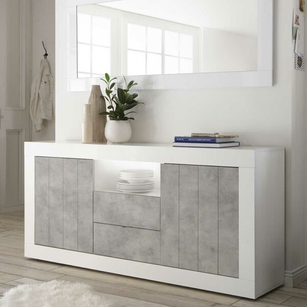 Homedreams Esszimmersideboard in Weiß Hochglanz und Beton Grau Sockelgestell